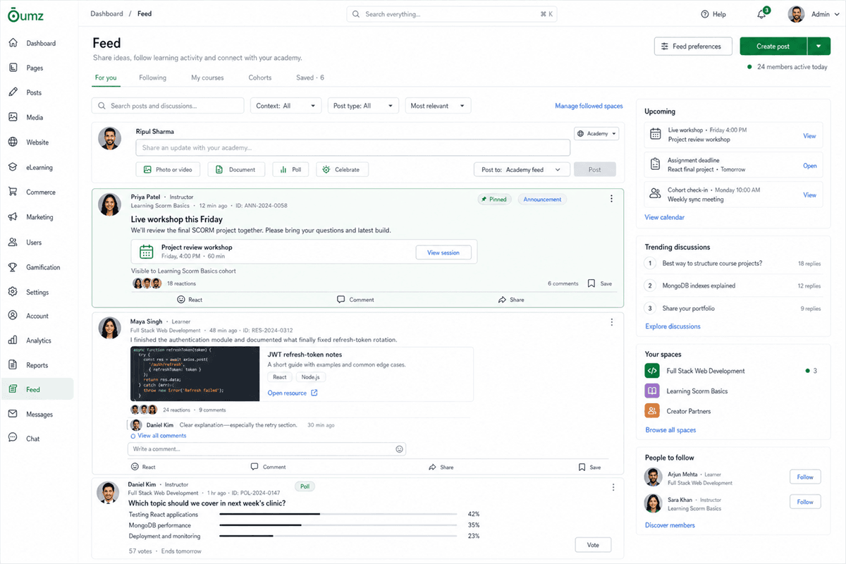 Branded social learning activity feed