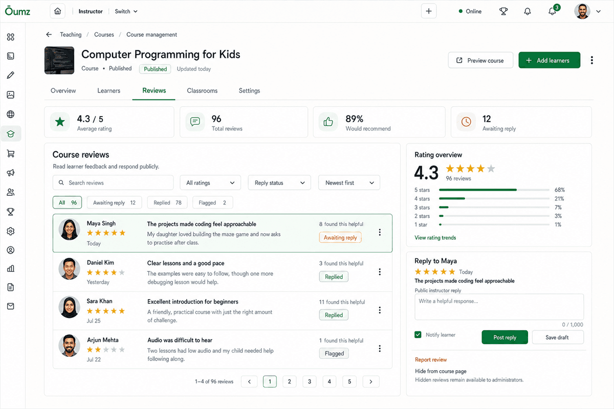 AcademyLauncher course review management and rating overview