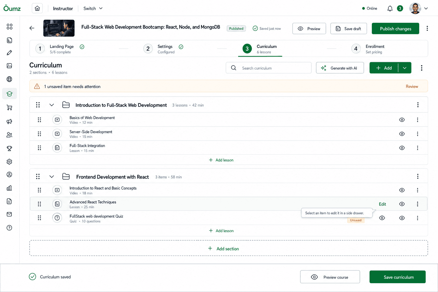 AcademyLauncher curriculum management with course sections and lessons