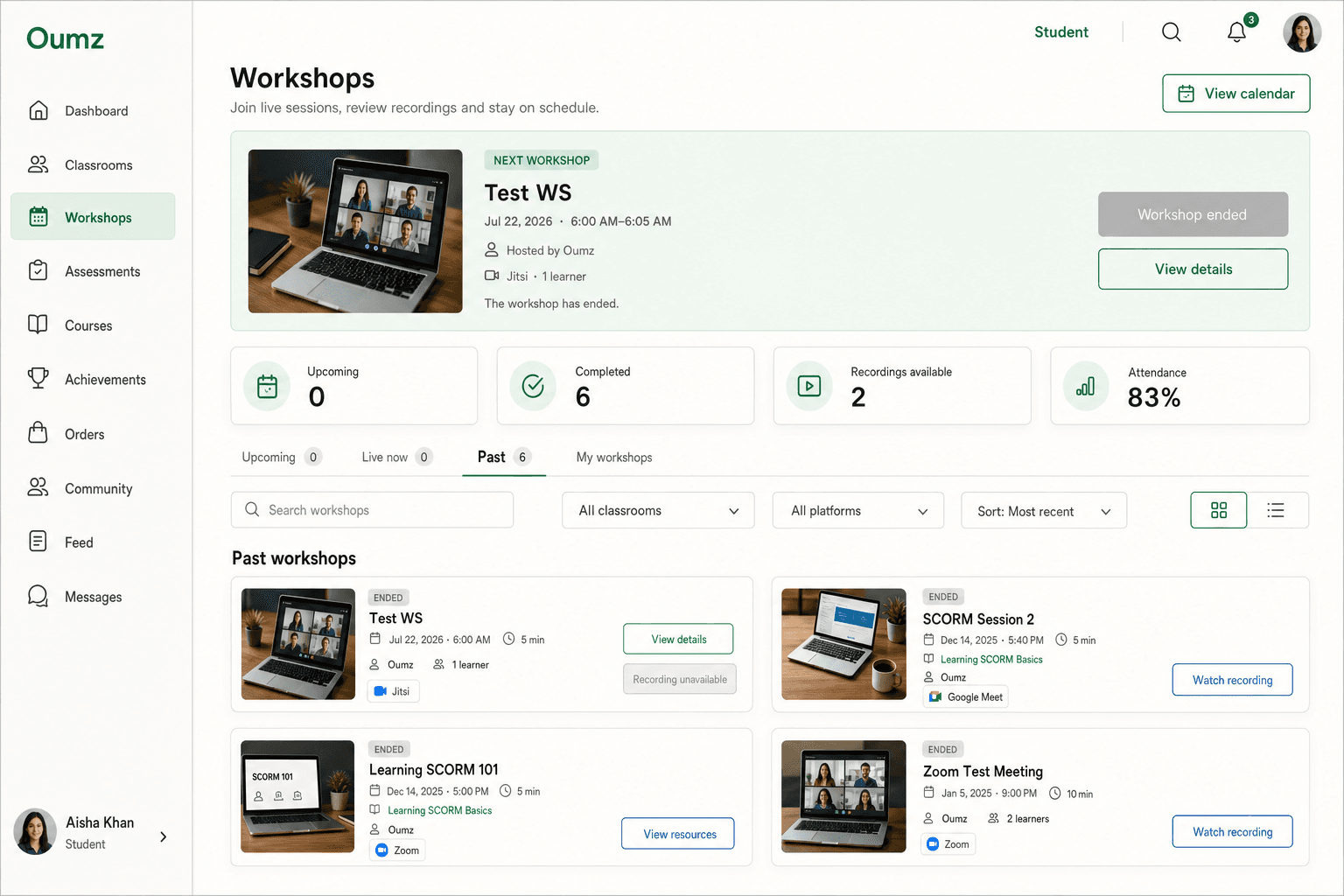 Student workshop schedule and joining experience