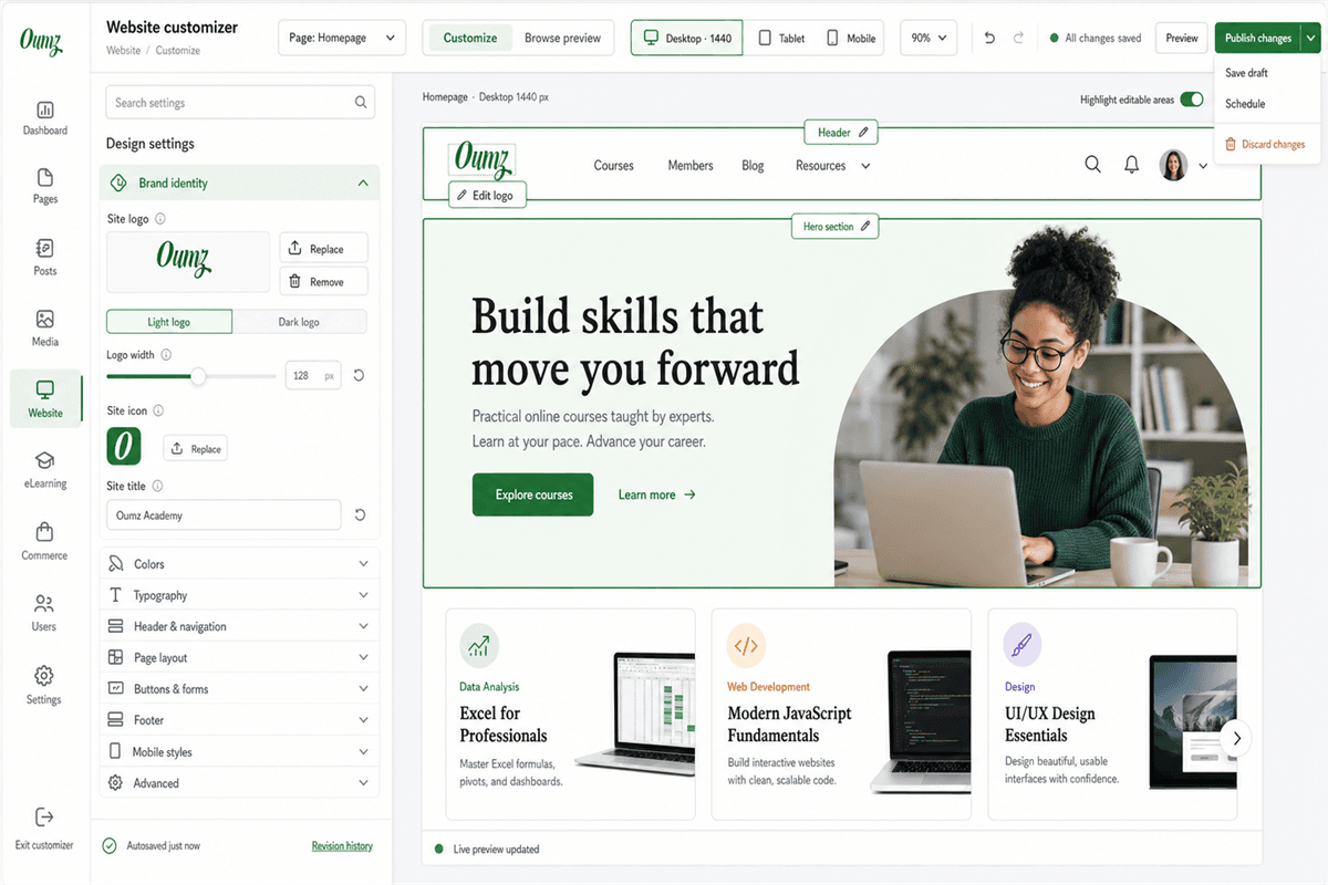 White-label academy website customization